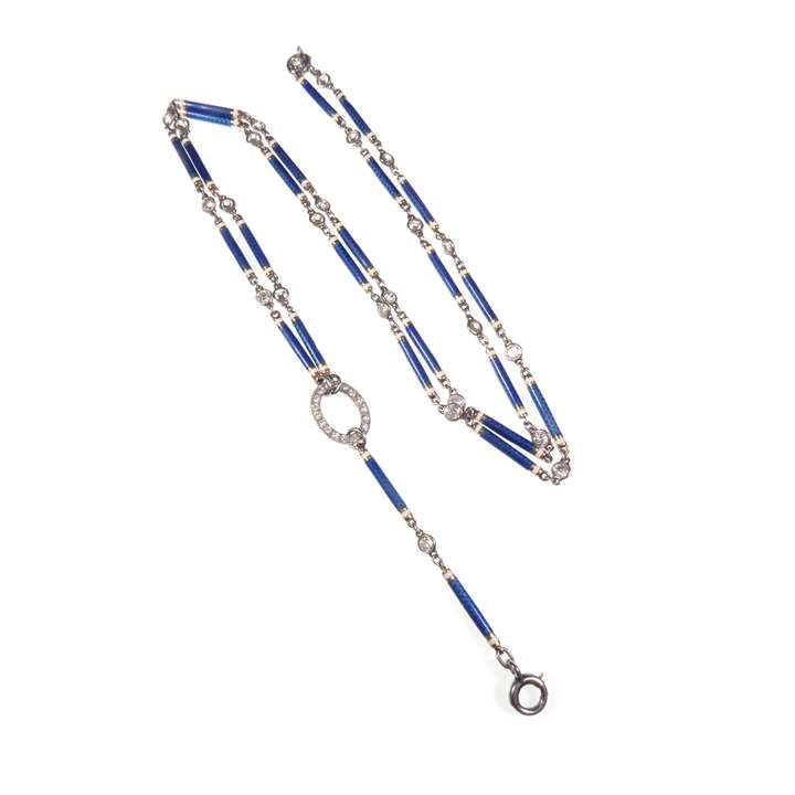 Blue enamel and diamond chain necklace